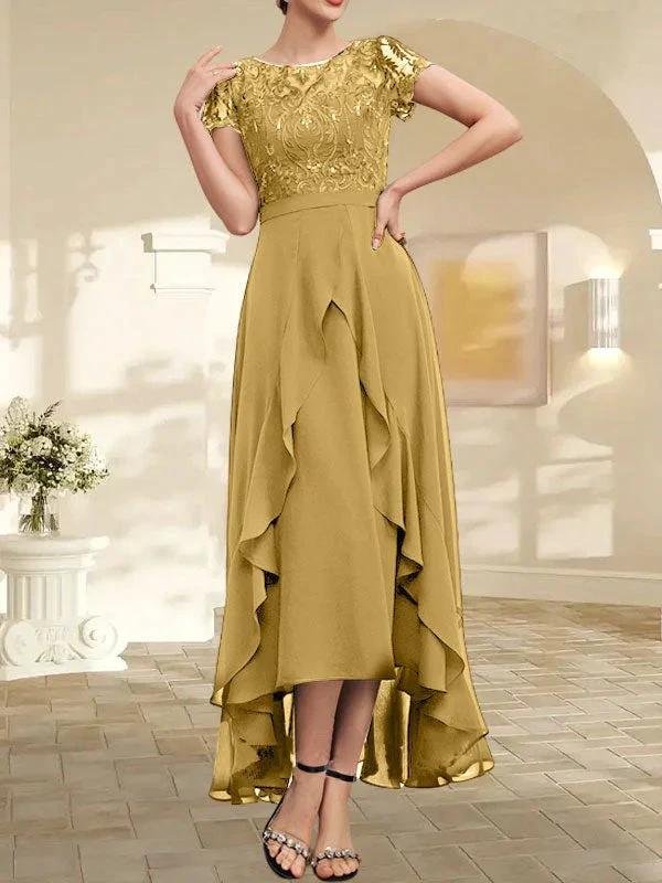 A-line Scoop Illusion Asymmetrical Chiffon Lace Mother of the Bride Dress With Bow Ruffle Sequins by Dreamylily