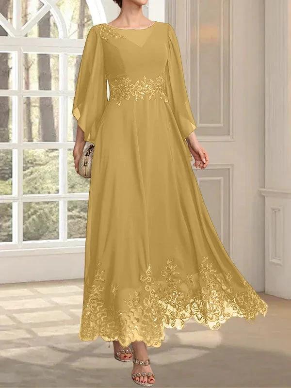 A-line Scoop Illusion Ankle-Length Lace Chiffon Mother of the Bride Dress With Sequins by Dreamylily