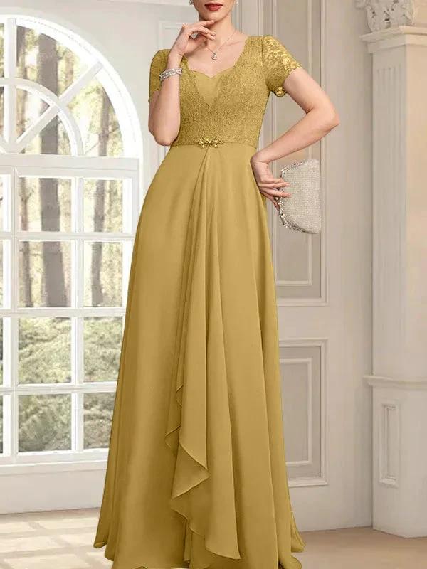 A-line Sweetheart Floor-Length Chiffon Lace Mother of the Bride Dress With Beading Cascading Ruffles by Dreamylily