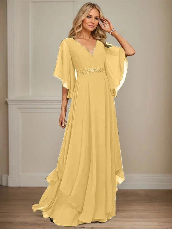 A-line V-Neck Floor-Length Chiffon Mother of the Bride Dress With Sequins Appliques Lace Beading by Dreamylily