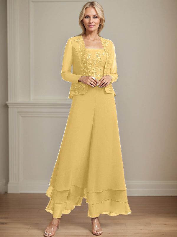 Separates Jumpsuit/Pantsuit Square Ankle-Length Lace Chiffon Mother of the Bride Dress With Sequins