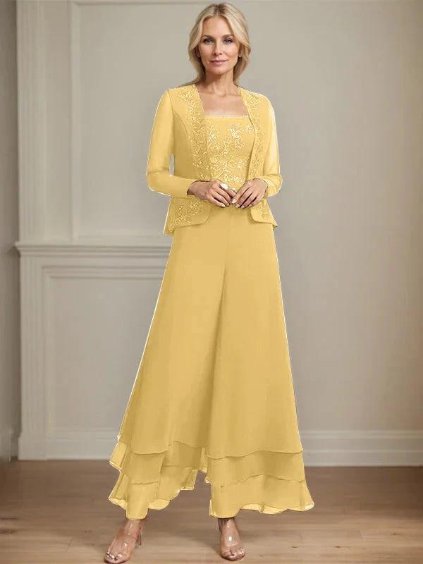 Separates Jumpsuit/Pantsuit Square Ankle-Length Lace Chiffon Mother of the Bride Dress With Sequins by Dreamylily