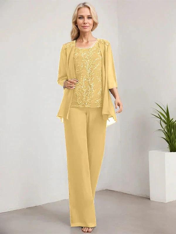 Separates Jumpsuit/Pantsuit Scoop Floor-Length Lace Chiffon Mother of the Bride Dress With Sequins by Dreamylily