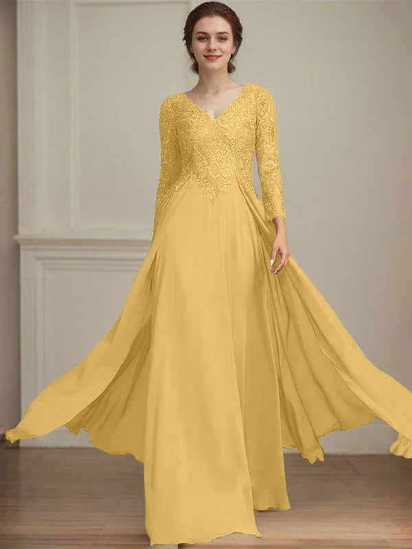 A-line V-Neck Floor-Length Lace Chiffon Mother of the Bride Dress With Sequins by Dreamylily