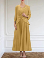 A-line V-Neck Ankle-Length Chiffon Mother of the Bride Dress With Sequins Appliques Lace Beading by Dreamylily