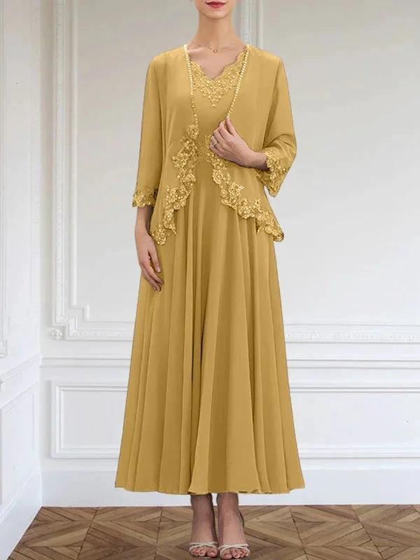 A-line V-Neck Ankle-Length Chiffon Mother of the Bride Dress With Sequins Appliques Lace Beading by Dreamylily