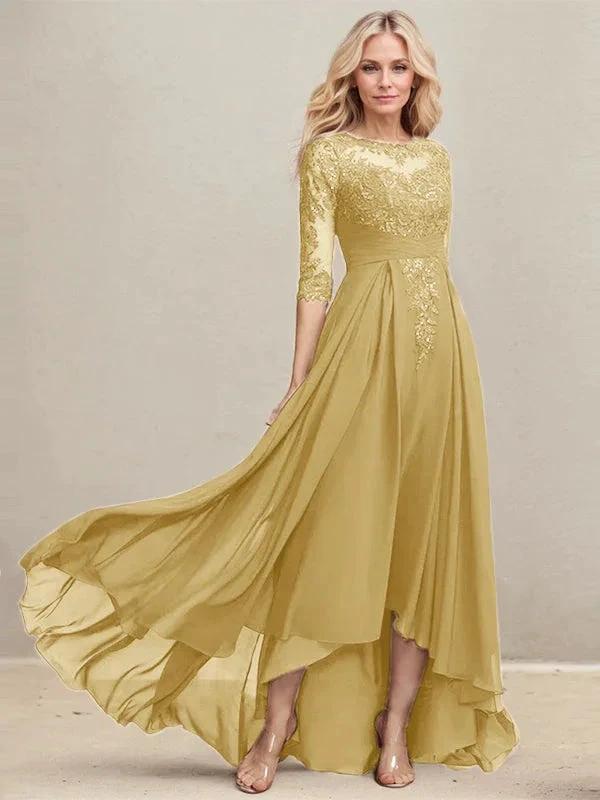 A-line Scoop Illusion Asymmetrical Lace Chiffon Mother of the Bride Dress With Pleated Sequins by Dreamylily