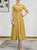 A-line Scoop Illusion Tea-Length Chiffon Lace Mother of the Bride Dress With Beading Sequins by Dreamylily