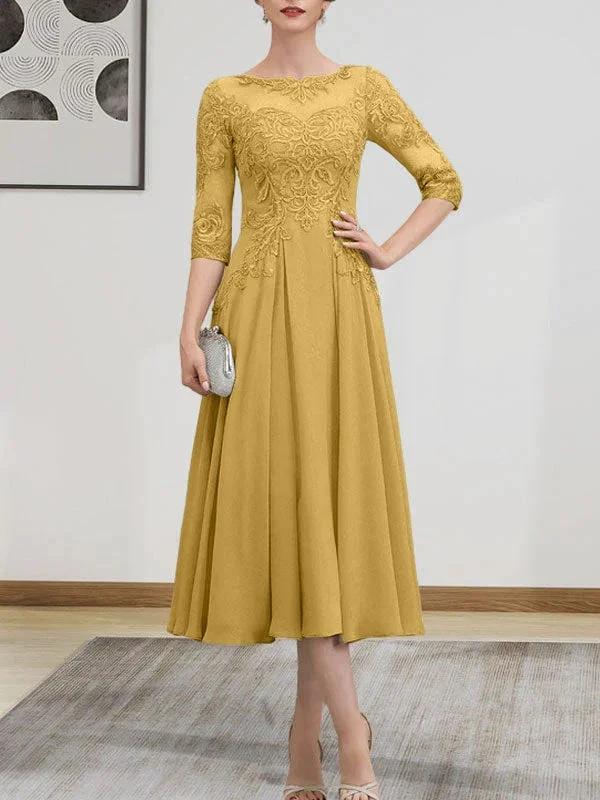 A-line Scoop Illusion Tea-Length Chiffon Lace Mother of the Bride Dress With Beading Sequins by Dreamylily
