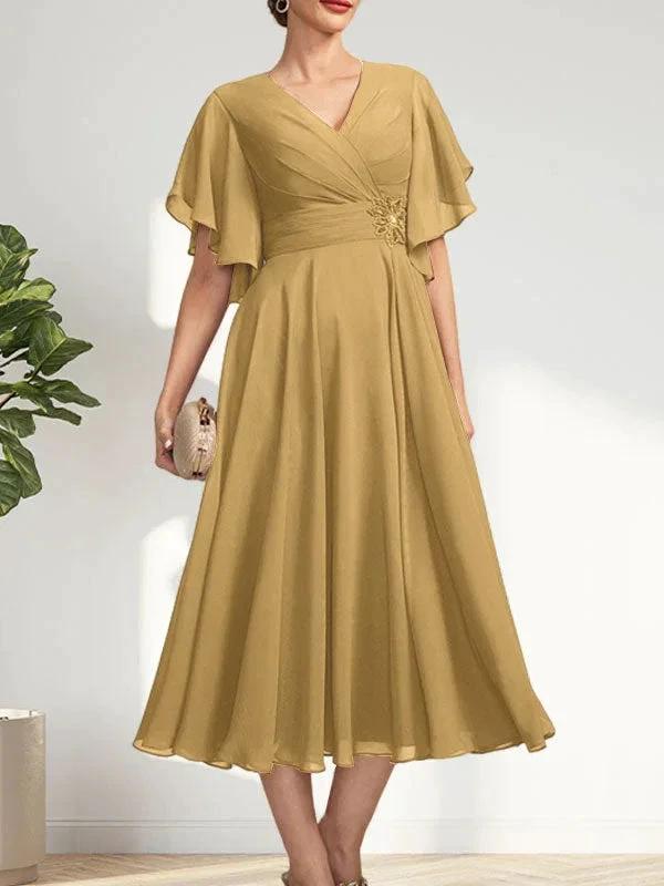 A-line V-Neck Tea-Length Chiffon Mother of the Bride Dress With Pleated Beading by Dreamylily