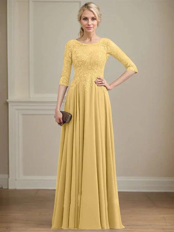A-line Scoop Illusion Floor-Length Lace Chiffon Mother of the Bride Dress With Sequins by Dreamylily