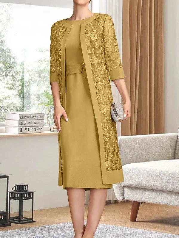 Sheath/Column Scoop Knee-Length Chiffon Mother of the Bride Dress With Pleated Sequins by Dreamylily