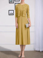 A-line Scoop Tea-Length Chiffon Mother of the Bride Dress With Pleated by Dreamylily