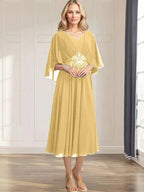 A-line V-Neck Tea-Length Chiffon Mother of the Bride Dress With Pleated Sequins Appliques Lace Beadind by Dreamylily
