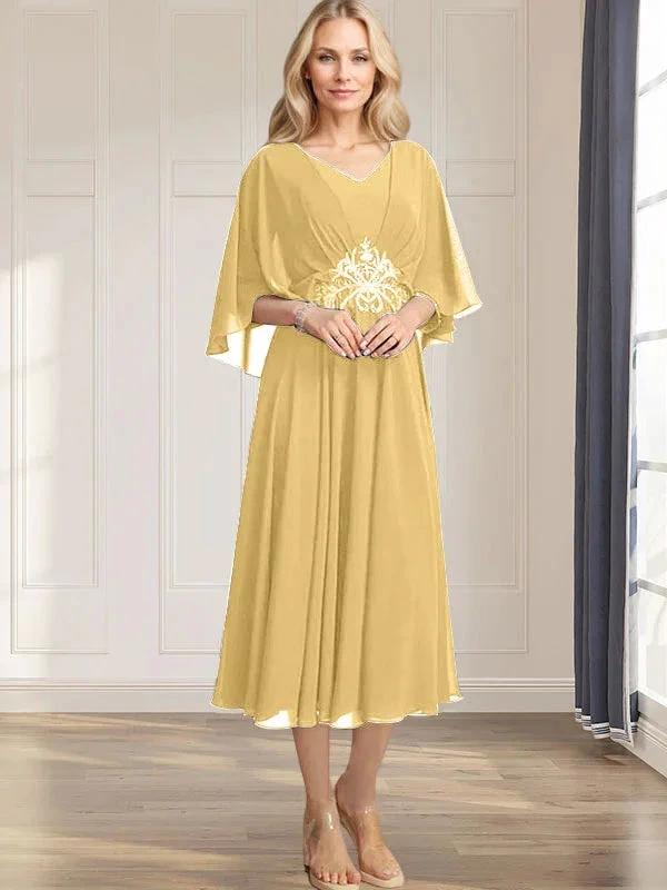 A-line V-Neck Tea-Length Chiffon Mother of the Bride Dress With Pleated Sequins Appliques Lace Beadind by Dreamylily