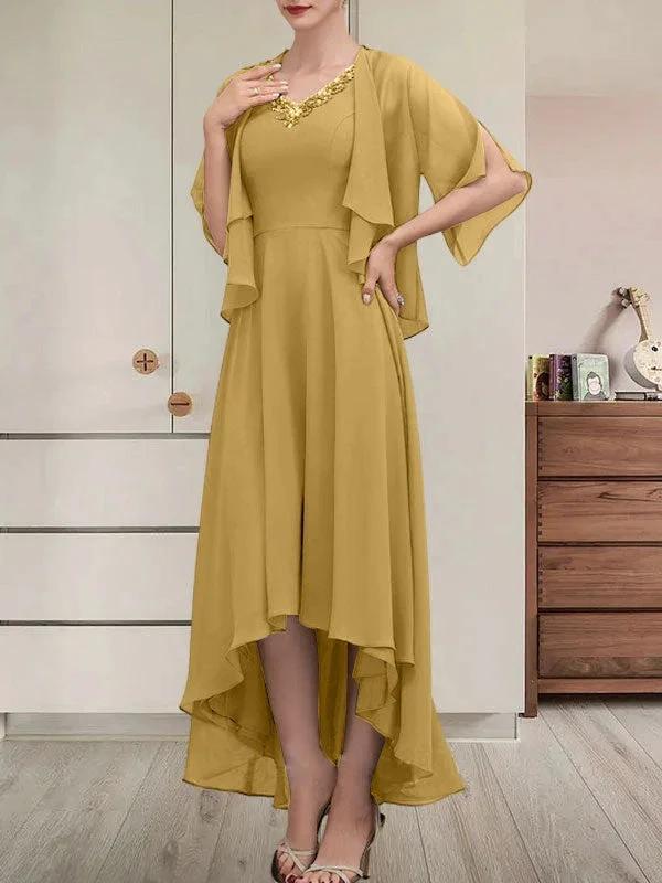 A-line V-Neck Asymmetrical Chiffon Mother of the Bride Dress With Beading Sequins by Dreamylily