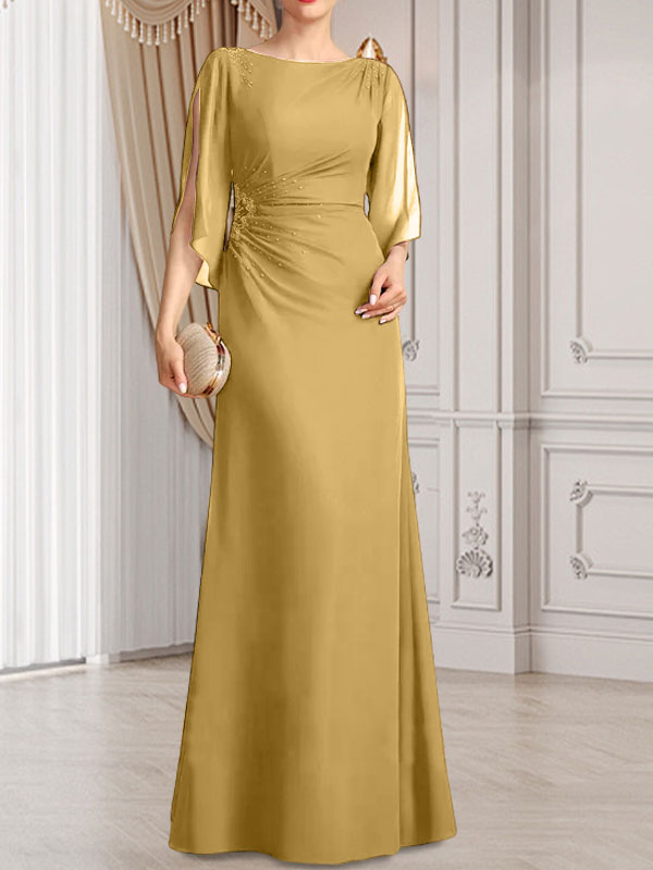 Etui-Linie/Säule U-Ausschnitt Bodenlang Chiffon Kleid für die Brautmutter mit Plissee Perlenbesatz