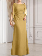 Etui-Linie/Säule U-Ausschnitt Bodenlang Chiffon Kleid für die Brautmutter mit Plissee Perlenbesatz