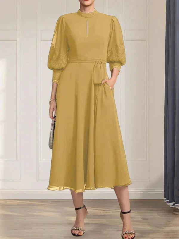 A-line High Neck Tea-Length Lace Chiffon Mother of the Bride Dress With Bow by Dreamylily