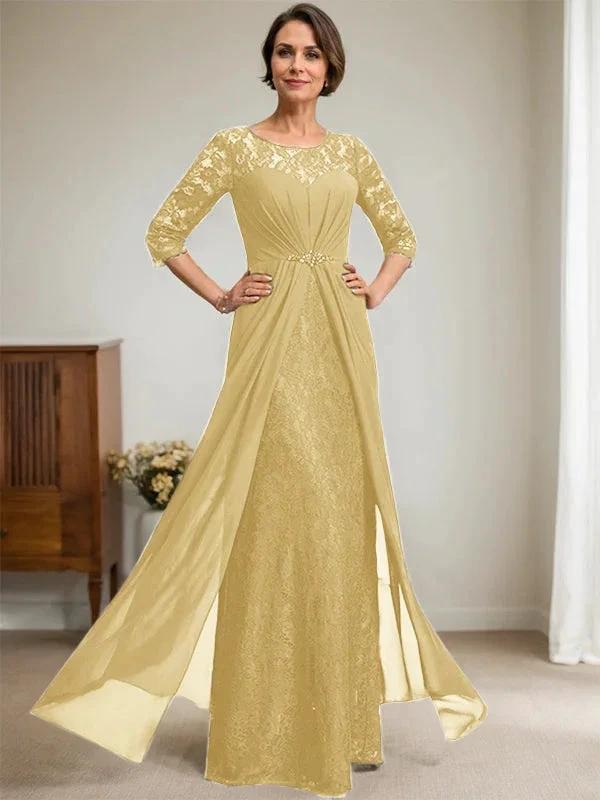 A-Line Scoop Illusion Floor-Length Lace Chiffon Mother Of the Bride Dress With Beading Ruffles by Dreamylily