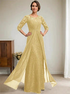 A-Line Scoop Illusion Floor-Length Lace Chiffon Mother Of the Bride Dress With Beading Ruffles by Dreamylily
