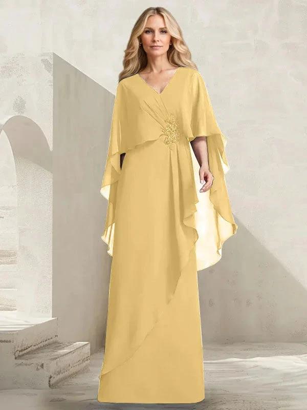 A-line V-Neck Floor-Length Chiffon Mother of the Bride Dress With Cascading Ruffles Beading by Dreamylily