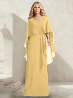 A-line V-Neck Floor-Length Chiffon Mother of the Bride Dress With Cascading Ruffles Beading by Dreamylily