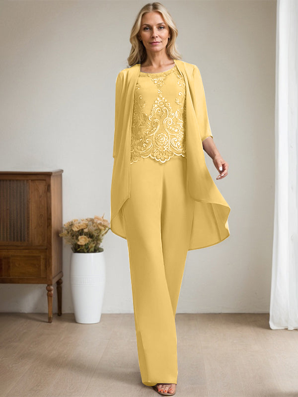 Separates Jumpsuit/Pantsuit Scoop Floor-Length Chiffon Lace Mother of the Bride Dress With Beading Sequins