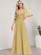 A-line V-Neck Floor-Length Lace Chiffon Mother of the Bride Dress With Sequins by Dreamylily