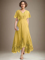 A-line V-Neck Asymmetrical Lace Chiffon Mother of the Bride Dress With Pleated by Dreamylily