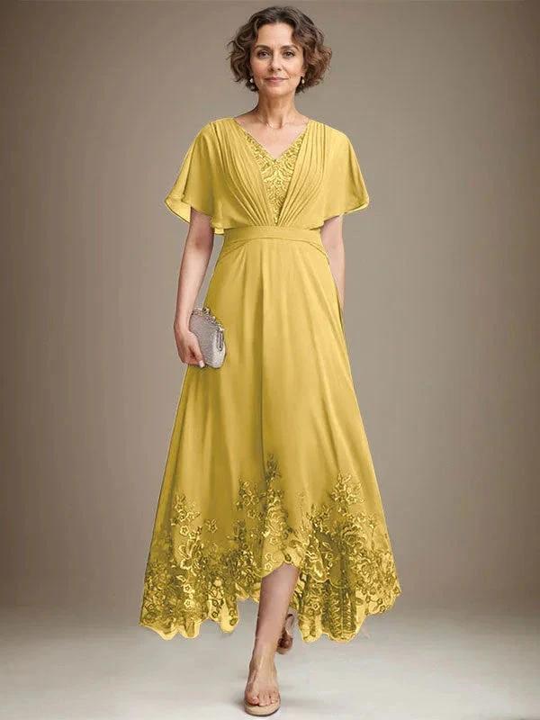 A-line V-Neck Asymmetrical Lace Chiffon Mother of the Bride Dress With Pleated by Dreamylily