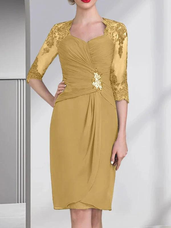 Sheath/Column Sweetheart Knee-Length Chiffon Mother of the Bride Dress With Beading Appliques Lace Sequins Pleated by Dreamylily