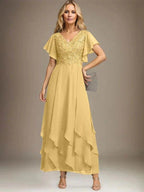 A-line V-Neck Ankle-Length Lace Chiffon Mother of the Bride Dress With Cascading Ruffles by Dreamylily