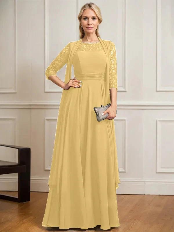 A-line Scoop Illusion Floor-Length Lace Chiffon Mother of the Bride Dress With Pleated by Dreamylily