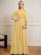 A-line Scoop Illusion Floor-Length Lace Chiffon Mother of the Bride Dress With Pleated by Dreamylily