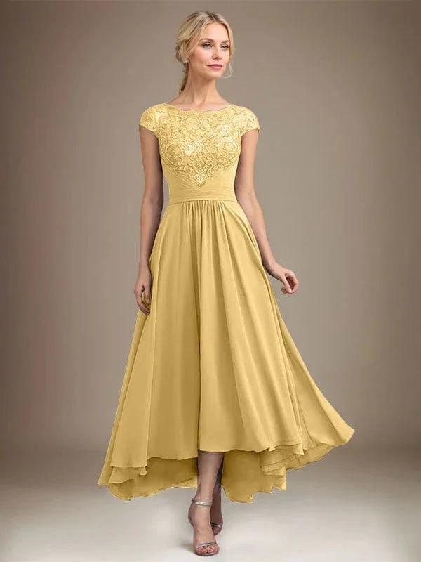 A-line Scoop Illusion Asymmetrical Lace Chiffon Mother of the Bride Dress With Pleated by Dreamylily