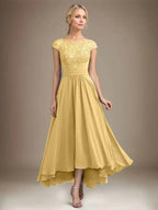 A-line Scoop Illusion Asymmetrical Lace Chiffon Mother of the Bride Dress With Pleated by Dreamylily