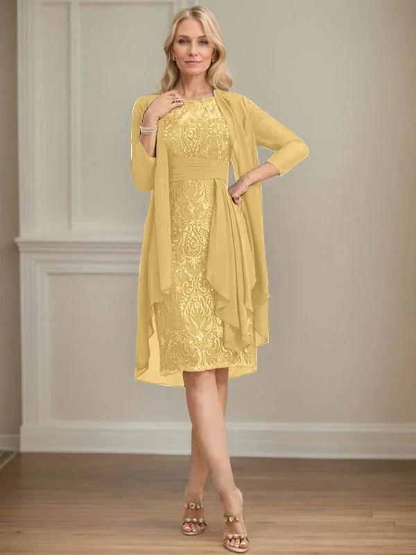 Sheath/Column Scoop Illusion Knee-Length Lace Chiffon Mother of the Bride Dress With Cascading Ruffles Sequins by Dreamylily