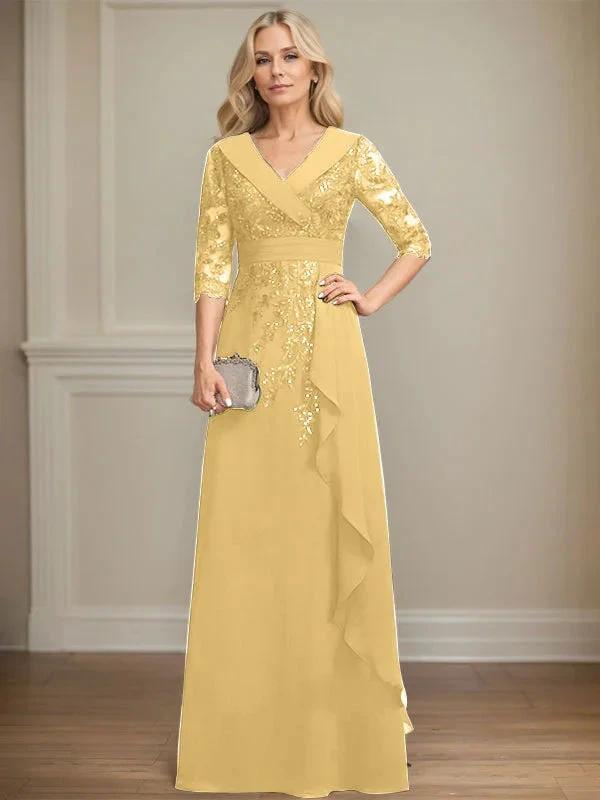 A-line Collared V-Neck Floor-Length Lace Chiffon Mother of the Bride Dress With Sequins Cascading Ruffles by Dreamylily