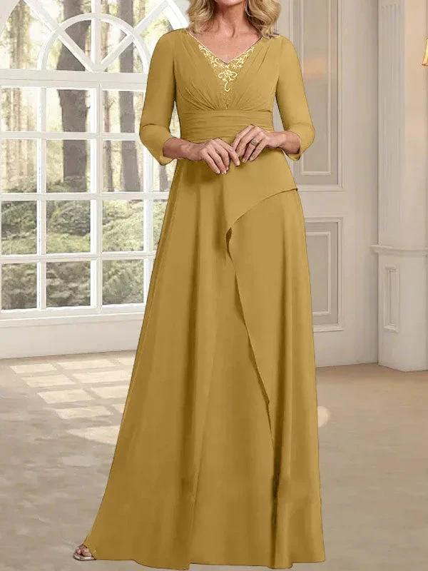A-line V-Neck Floor-Length Chiffon Mother of the Bride Dress With Pleated Beading by Dreamylily
