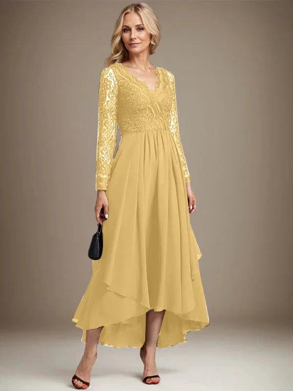 A-line V-Neck Asymmetrical Lace Chiffon Mother of the Bride Dress by Dreamylily