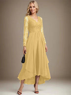 A-line V-Neck Asymmetrical Lace Chiffon Mother of the Bride Dress by Dreamylily