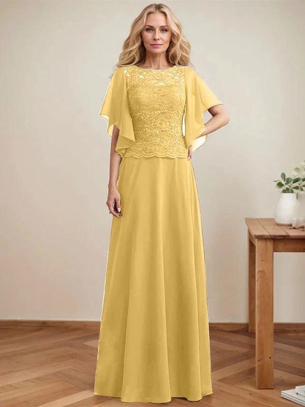 A-line Scoop Illusion Floor-Length Lace Chiffon Mother of the Bride Dress With Sequins by Dreamylily