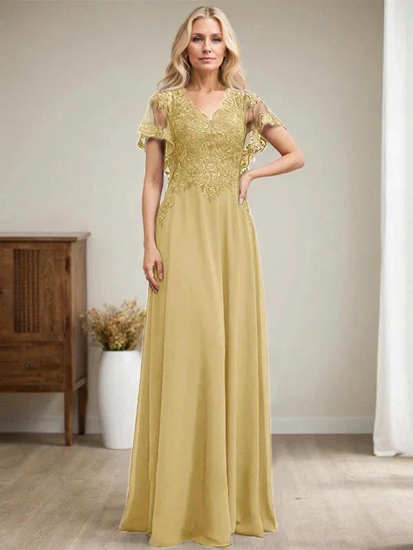 A-line V-Neck Floor-Length Lace Chiffon Mother of the Bride Dress With Sequins by Dreamylily