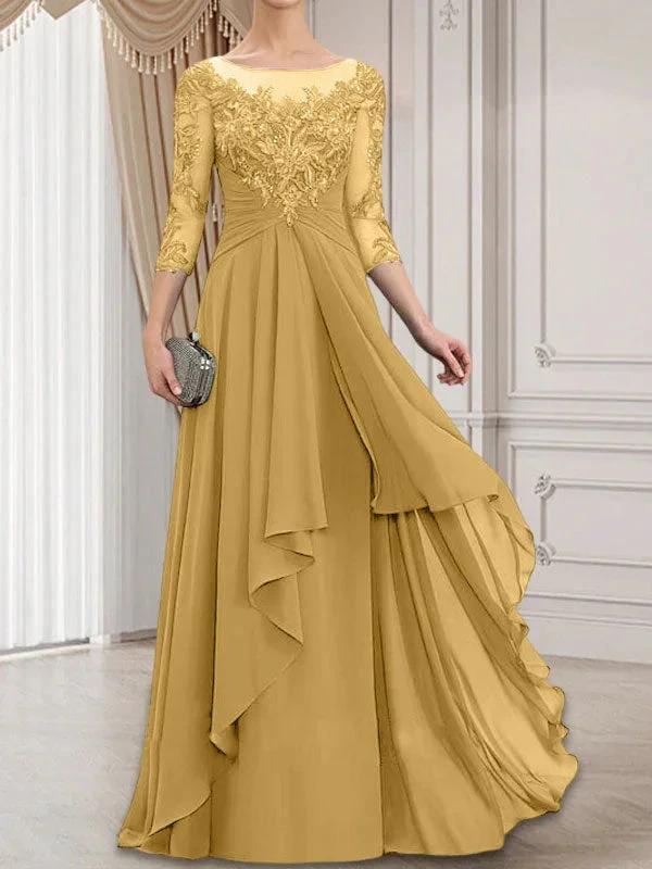 A-line Scoop Illusion Floor-Length Lace Chiffon Mother of the Bride Dress With Cascading Ruffles by Dreamylily