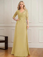 A-line V-Neck Floor-Length Lace Chiffon Mother of the Bride Dress With Pleated Sequins by Dreamylily