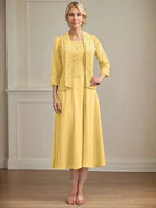 A-line Scoop Tea-Length Lace Chiffon Mother of the Bride Dress by Dreamylily