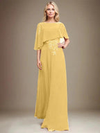 A-line Scoop Floor-Length Chiffon Lace Mother of the Bride Dress With Sequins Beading by Dreamylily