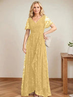 A-Line V-Neck Asymmetrical Lace Mother of the Bride Dress With Cascading Ruffles by Dreamylily