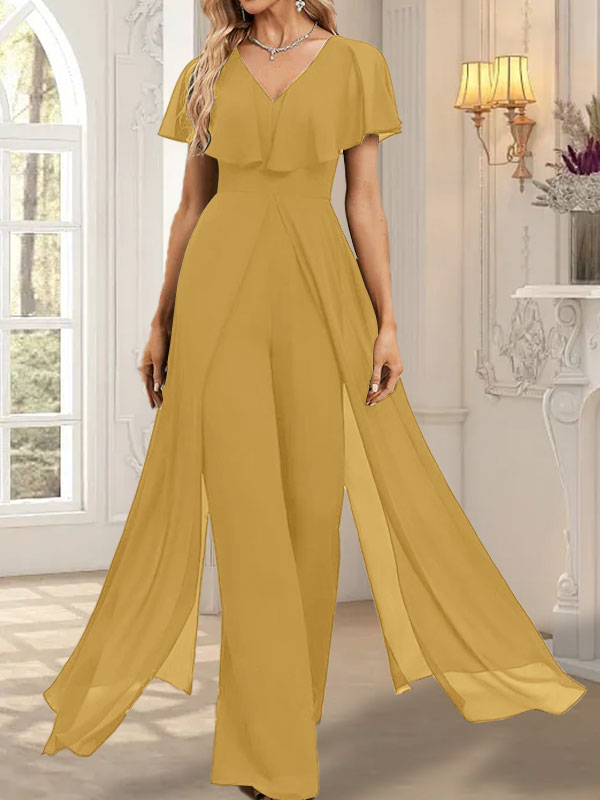Jumpsuit/Pantsuit V-Neck Floor-Length Chiffon Evening Dress